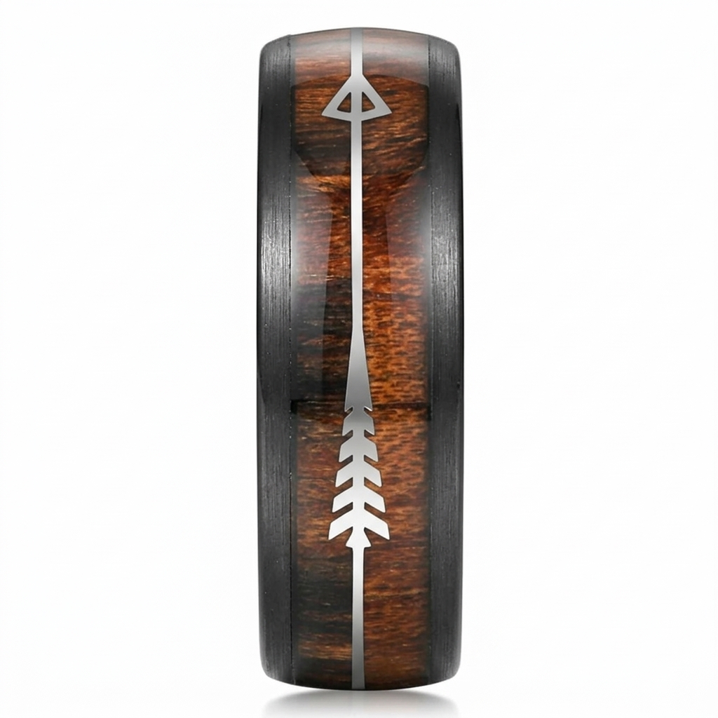 Men's Arrow Tungsten Carbide Ring – 8mm Black Domed Koa Wood Inlay Wedding Engag